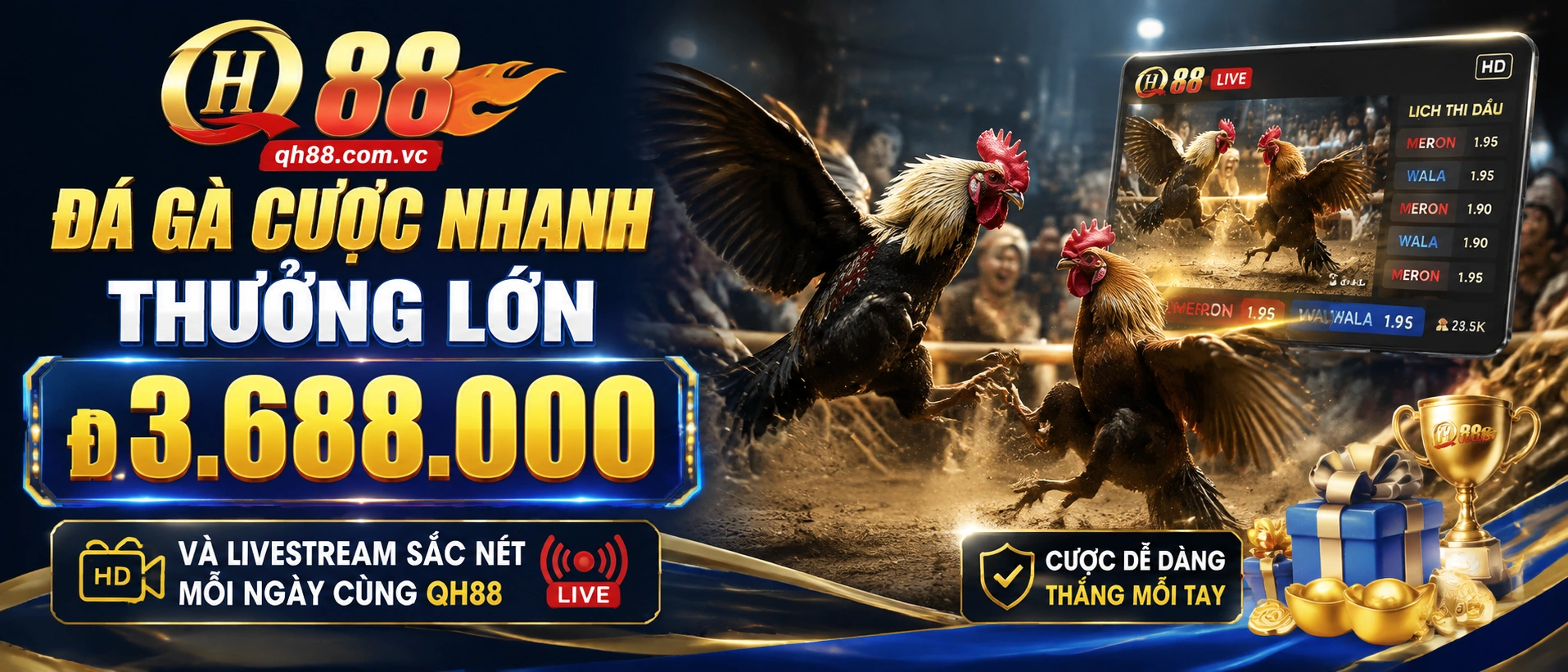 Không gian Đá Gà QH88 với giao diện xem danh mục trực tiếp